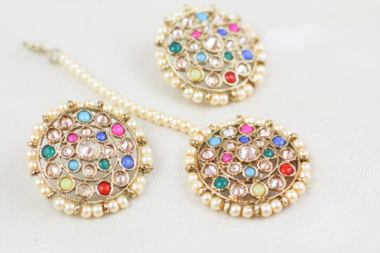 POLKI AND MULTI COLOUR  BEADS TIKKA SET WITH STUDS