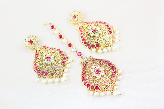 FUCHSIA PINK  WITH PEARL TIKKA SET