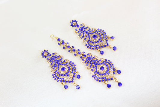 ROYAL BLUE AND GOLD RHINE STONE TIKKA SET
